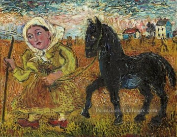 femme dans la robe jaune avec le cheval noir 1951 russe Peinture à l'huile